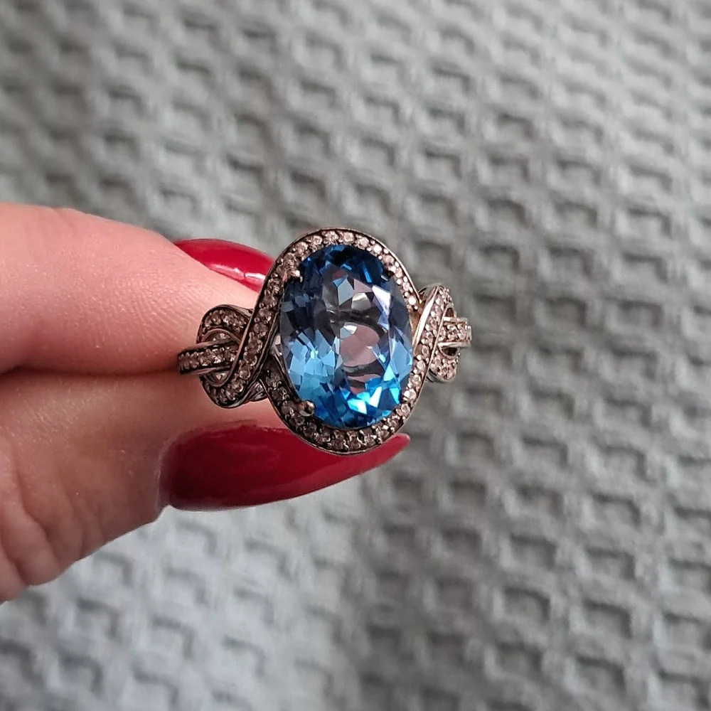 Blue Topaz and White Zircon Ring in 925 Sterling Silver - Picture 8 of 8